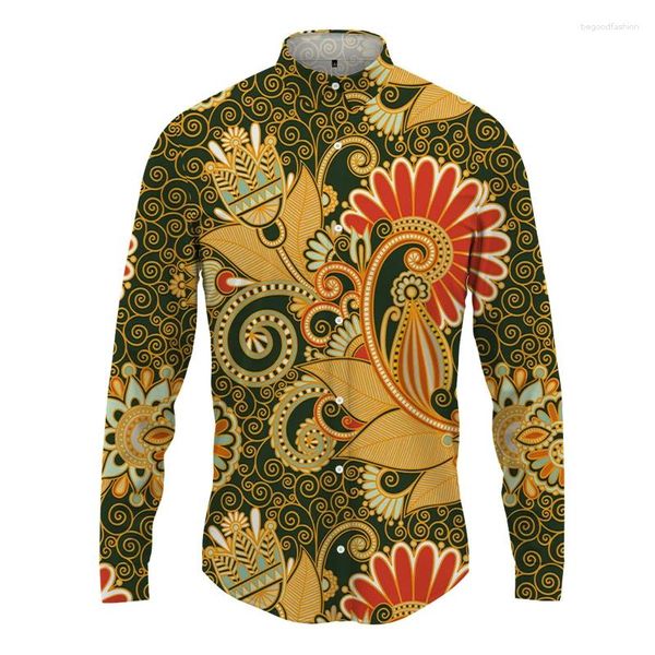 Herren-Freizeithemden, Stil, Modetrend, Langarm-Shirt, Vintage-Blume, 3D-gedruckt, Frühling und Herbst