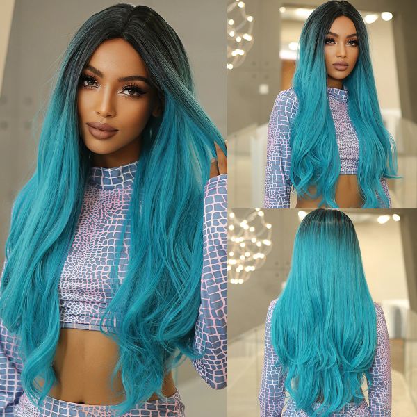 Parrucche Blu Ombre Parrucche sintetiche ondulate lunghe per le donne Parrucca cosplay Onda del corpo Parrucche per capelli naturali Festa di Natale Capelli finti resistenti al calore