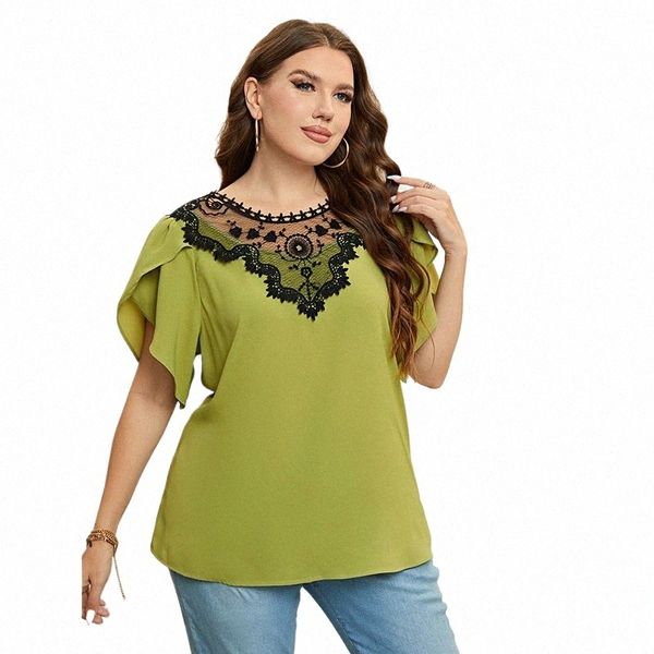 T-shirt da donna taglie forti 2023 estate verde girocollo in pizzo top Fi casual di grandi dimensioni femminile scollo a V camicette di colore solido y0tV #