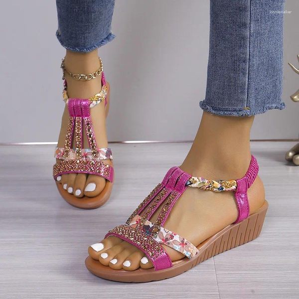 Sandalen Frauen Druck Keile Kristall Luxus Schuhe Sommer Kleid Strand Hausschuhe 2024 Designer Walking Pumpen Femme Zapatos Rutschen