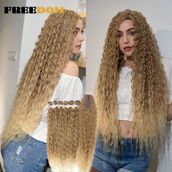 Weave Web Freedom Synthetic Curly Hair Ombre Blonde Afro gekinne lockige Haarbündel mit Verschluss 30 Zoll langes Wellenhaarwebe