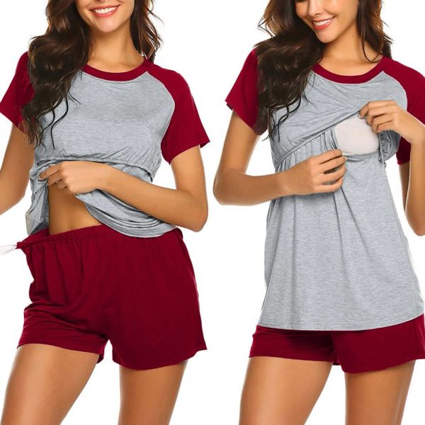 Pijama de amamentação para maternidade feminino Conjunto de manga curta de manga curta de retalhos de retalhos de retalhos de camiseta casual tampos+shorts calças sólidas roupas de dormir