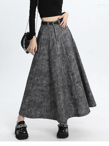 Röcke Elegante Tie-Dye Lange A-Linie Frauen Hohe Taille Maxi Rock Mit Taschen Lose Beiläufige Grau Koreanische Chic Mujer flada