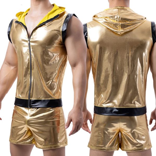 Canottiere da uomo Boxer Slip Pantaloncini senza maniche Gilet con cappuccio Oro lucido attillato in pelle Clubwear Set Costume di scena 240326