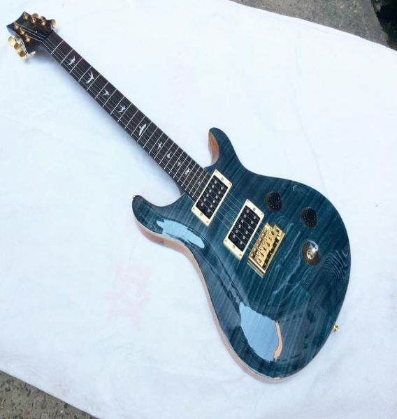 Chitarra elettrica personalizzata blu oceano con top in acero fiammato, chitarra Reed Smith, hardware dorato, chitarre cinesi 3385446