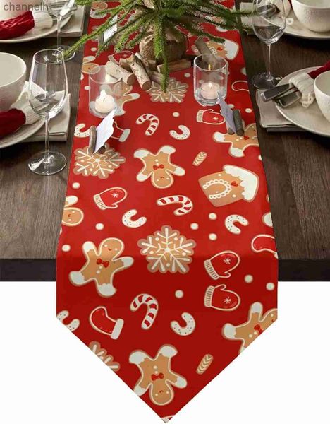 Runner da tavolo Natale Rosso Gingerbread Man Runner in lino Comò Sciarpe Decor Riutilizzabile Decorazione da pranzo yq240330