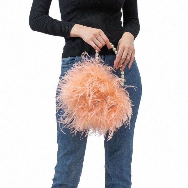 Borsa in piume di struzzo con catena di perle Mini borsa per il partito Furry 2024 Peach Fuzz Wedding Sposa Borsa romantica arancione 07mj #