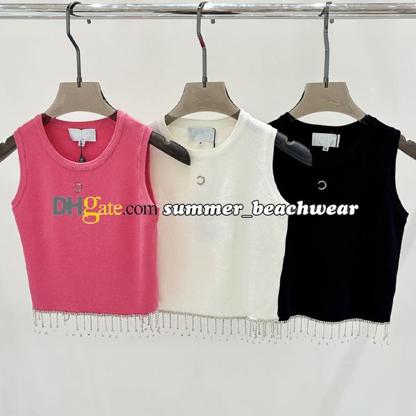 Gilet lavorato a maglia con frange di strass di design Top senza maniche in maglia con perline con strass Logo Canotta lavorata a maglia da donna T-shirt senza maniche in maglia