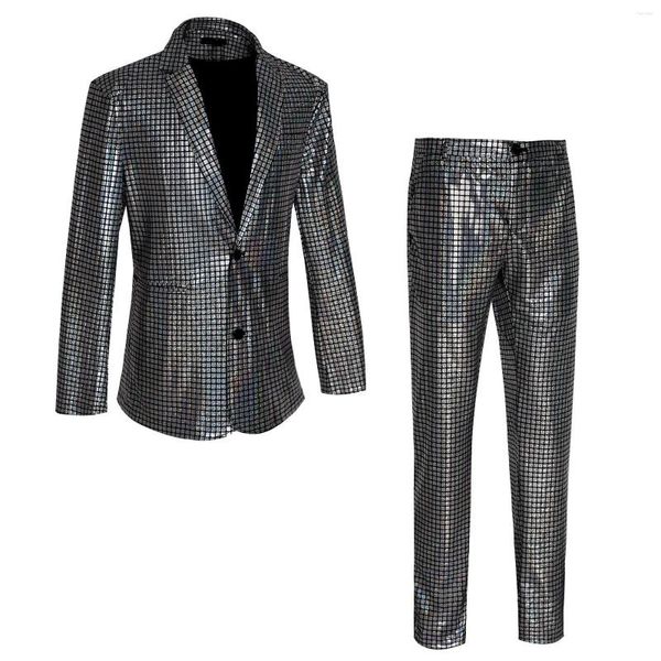 Erkekler Sequit Sequin Blazer Set Partisi Sahne Damalı Takım Gece Kulübü Giyim Uzun Kollu Performans Giysileri