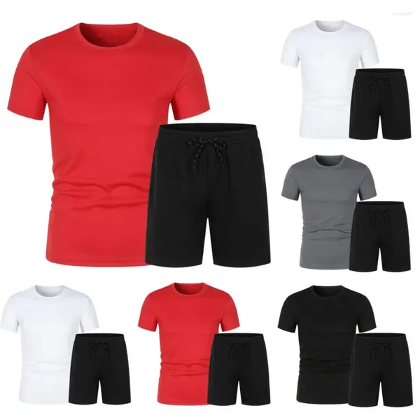 Fatos de treino masculino jogging terno verão casual outfit conjunto o-pescoço manga curta camiseta com cordão elástico cintura shorts bolsos cor sólida