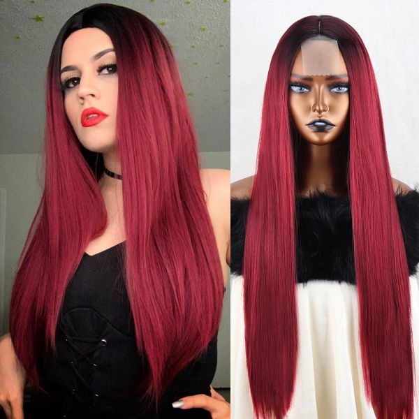 Perucas vinhos vermelhas longas perucas sintéticas e retas para mulheres ombre Red Lace Front Wig sem franja Halloween cosplay natural peruca