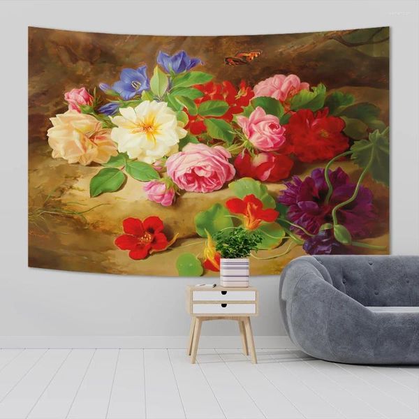 Tapeçarias Vintage Art Imagem Wall Pendurado Tapeçaria Flor Pássaro Pintura A Óleo Impressão Pano Casa Decorações Estéticas 100x70cm