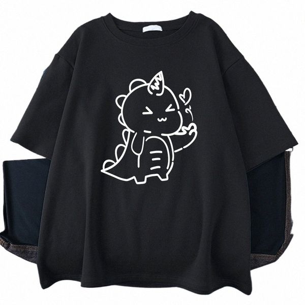 Love Carto Little Dinosaur Pattern Mulheres Camiseta Rua Casual Plus Size Tops Cott Fi Tee Verão Hip Hop Manga Curta y1gg #