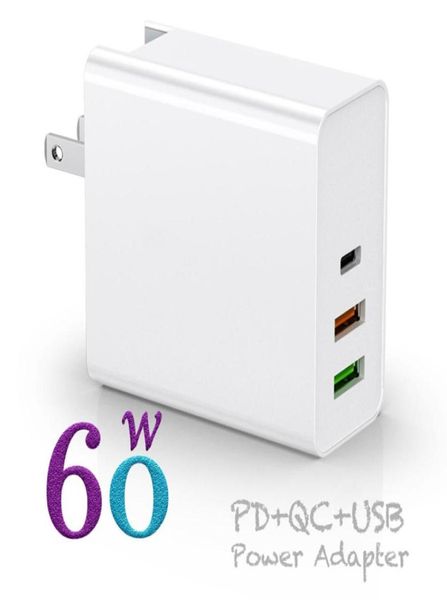 3 portas 60w usb pd carregadores rápidos qc30 para macbook switch ar pro tipo c iphone 8 xr samsung xiaomi carregador de parede34906732947911