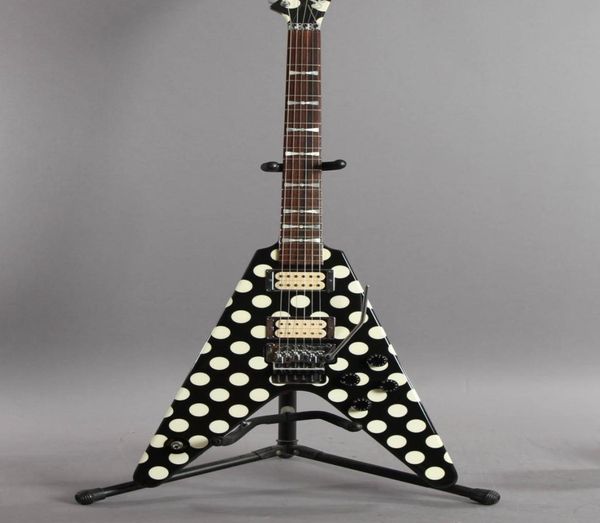 Редкий Jack Randy Rhoads Polka Dot Black Flying V Электрогитара Швабра с инкрустациями в виде галстука-бабочки Флойд Роуз Тремоло Мост Стопорная гайка Whammy5392731