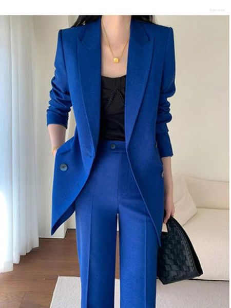 Calças femininas de duas peças insozkdg outono inverno senhora do escritório blazer jaqueta básica elegante senhoras azul calça ternos feito sob encomenda terno