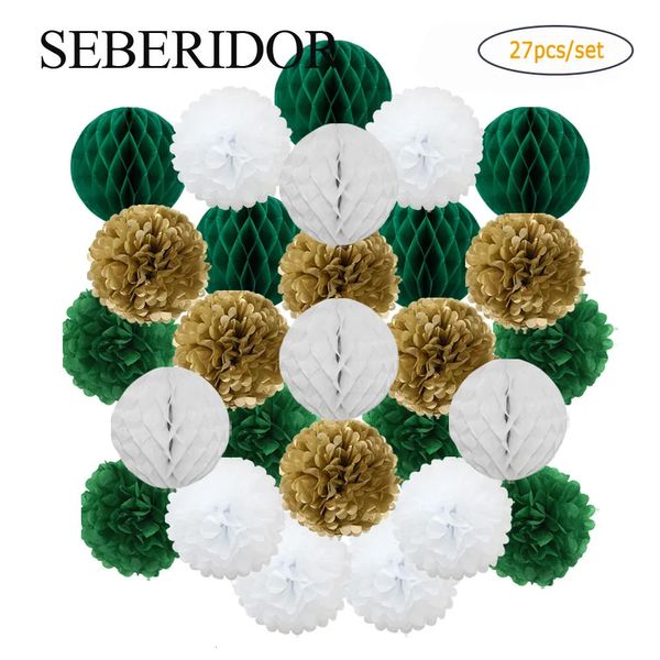 Ouro verde branco conjunto redondo bola de papel favo de mel tecido pompom 6 8 10 para o natal casamento batismo festa de aniversário decoração 240323