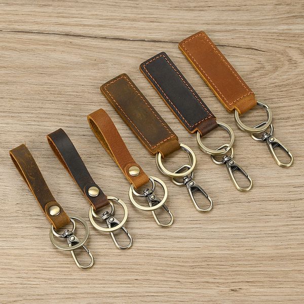 3 PCs /lote Crazy Horse Horse couro chaveiro genuíno Correias de couro macio Correias de couro para homens Keychain Krings Logotipo personalizado por atacado