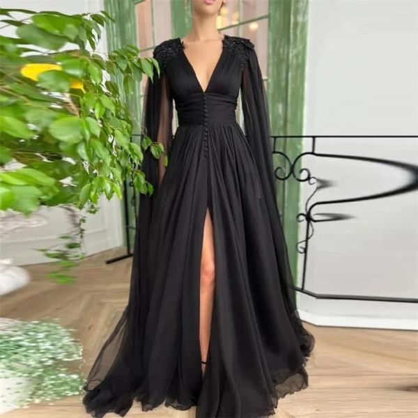 Abiti da festa Abito da ballo in tulle nero Abito da cerimonia formale con scollo a V sexy con applicazioni in pizzo Maniche ad aletta A trapezio con spacco laterale alto