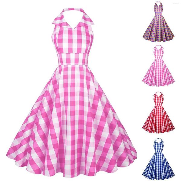 Vestidos casuais feminino elegante retro rockabilly vintage balanço vestido 1950 estilo xadrez halter pescoço sem mangas sem costas para festas