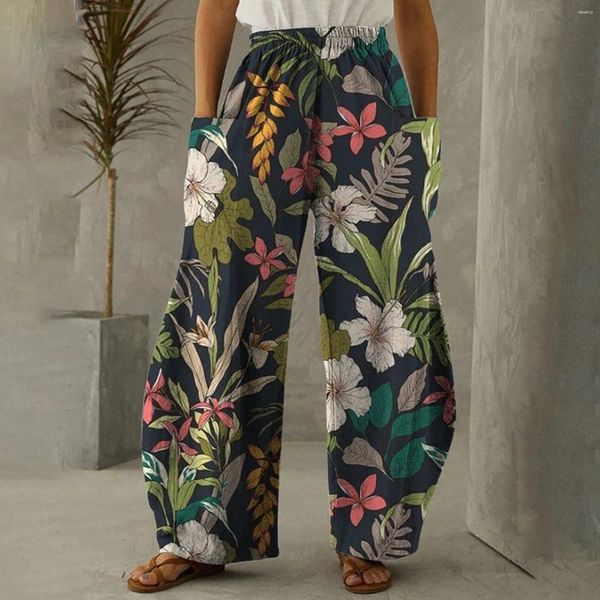 Kadın Pantolon Boho Kadınlar için 2024 Bayanlar Çiçek Baskı Büyük Street Giyim Retro Yüksek Belli Harem Kızlar Geniş Bacak Pantolon
