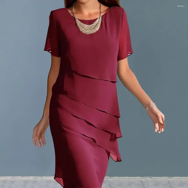 Lässige Kleider, weiches, bequemes Kleid, elegantes Chiffon-Midi-Kleid für Damen, Rundhalsausschnitt, kurze Ärmel, Plissee, Abend, Party, Urlaub