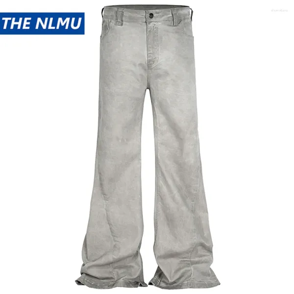 Calças de brim masculinas sujas vintage flared homens luxo designer retro cinza denim calças slim flare