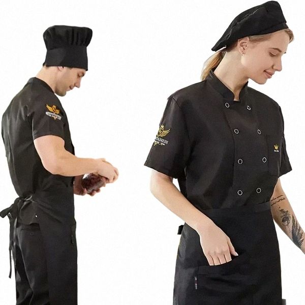 cuoco uniforme manica unisex donna camicie cappotto corto ricamo per chef uomo servizio cibo panetteria giacca ristorante dell'hotel cameriere 23AL #