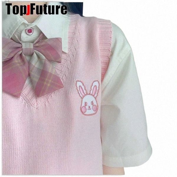 Pembe Bunny Japon Kızın Örme Yelek Sevimli Çok Yönlü Kazak Okulu Üniforma Hırgalar Tavşan Nakış JK üniforma kazak R4AS#