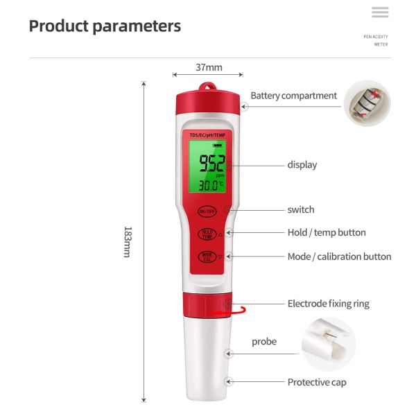 4'ü 1 ph TDS EC Sıcaklık Ölçer Test Cihazı PH CEP SU KALİTESİ İçme suyu Hidroponik Akvaryumlar için Test%50 İndirim