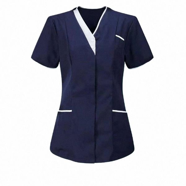 блузка повседневная рабочая форма с V-образным вырезом, футболка, одежда, футболка с короткими рукавами и карманами, рабочая униформа для работника e3pQ#