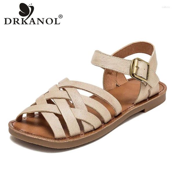 Casual Schuhe DRKANOL 2024 Sommer Frauen Flache Sandalen Handgemachte Echtes Leder Peep Toe Metall Schnalle Niedrigen Ferse Römischen Grün