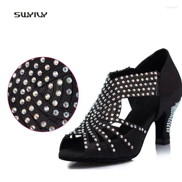 Sapatos de dança SWYIVY Mulheres Latina Strass Lady Ballroom 2024 Salto Alto 6cm Grande Size41 Feminino Quadrado