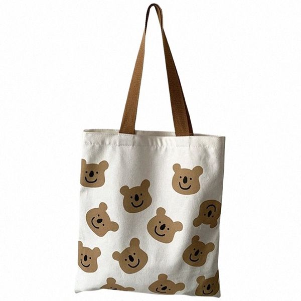 Frauen Canvas Tote Bag Fi Ins Cute Bear Print Umhängetasche für Mädchen Student M3zX #