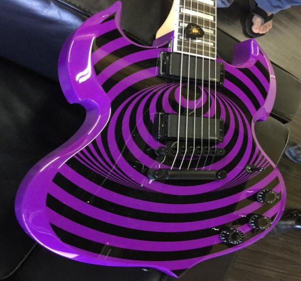 Seltene Wylde Audio Purple Barbarian signiert von Zakk Black Bullseye SG E-Gitarre Ebenholzgriffbrett Large Block Inlay Black Har1820759