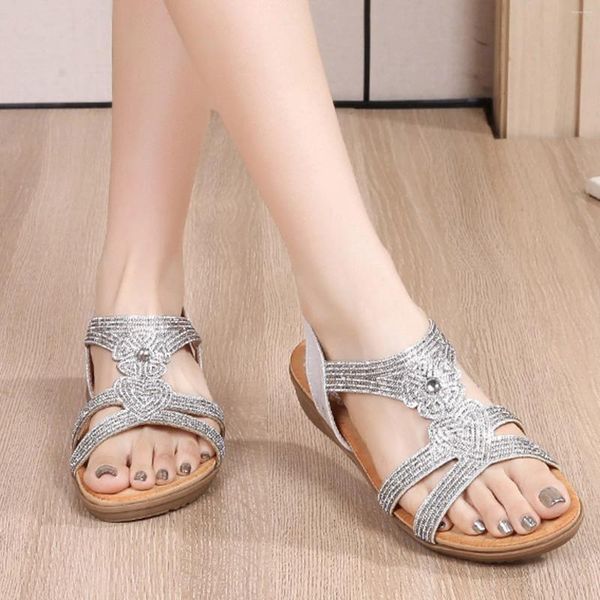 Sandálias sapatos elegantes strass fivela estiramento elástico cinta mulher tendência boho estilo flip flops frisado sandalias