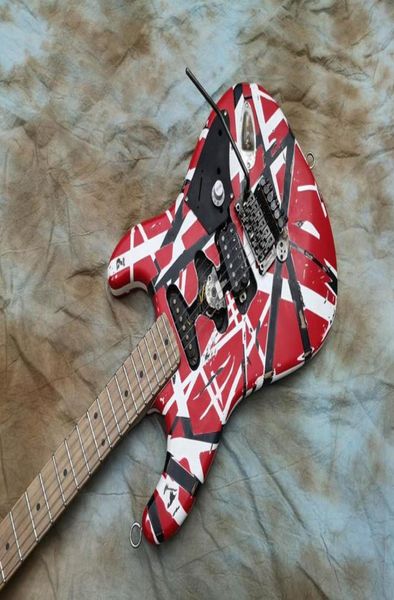 Heavy Relic Kram Eddie Edward Van Halen 5150 Red Franken Guitarra Elétrica Branco Listras Pretas Big Headstock Floyd Rose Tremolo 5469102