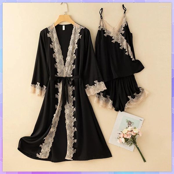 Casa Roupas 3 Pçs/sets Vestido de Dormir Para As Mulheres Pijamas Robe Pijamas Imitação De Cetim Sexy Kimono Roupão Pijamas Plus Size Homewear