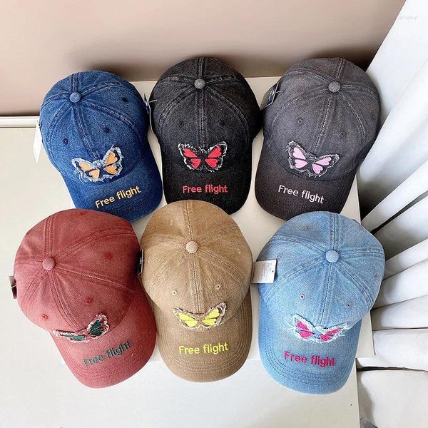 Ball Caps American Retro Denim Beyzbol Unisex Yaz Kişiselleştirilmiş Kelebek Sticker Street Sıradan Çok Yönlü Hip-Hop şapkaları Kadınlar için