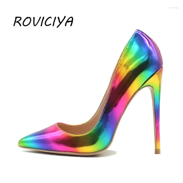 Sapatos de vestido colorido arco-íris impresso dedo apontado mulher senhora fêmea 10 cm 8 12 salto alto stilettos mulheres bomba qp006 roviciya