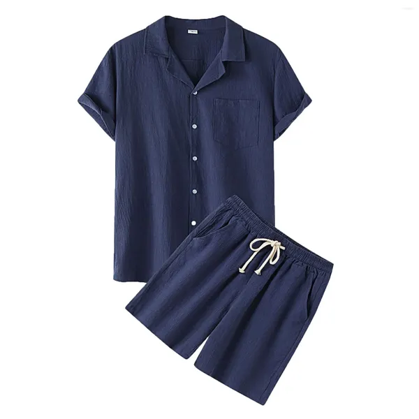 Fatos masculinos verão algodão e linho casa usar conjunto de duas peças casual cor sólida botão-down camisa shorts pijamas legais