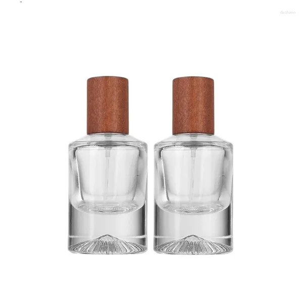 Frascos de armazenamento de vidro atomizador de spray 30ml vazio redondo crimp perfume garrafa tampa de madeira embalagem cosmética transparente fundo grosso frascos recarregáveis