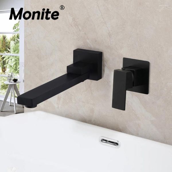 Torneiras de pia do banheiro Monite Matte Black Wall Montado Torneira 1 Handle Cold Mixer Torneira Latão Fluxo Girado Bico Bacia