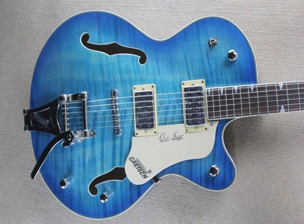 Kundenspezifische Jazz-E-Gitarre mit halbhohlem Korpus und blauem Tigermuster und individuellem Service 9234900