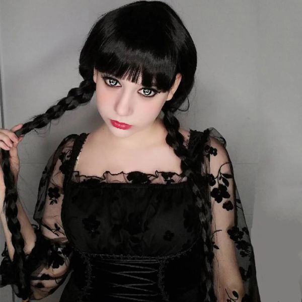 Wigs Hairjoy Çarşamba Sentetik Bangs ile Siyah Uzun Pigtails Kadınlar için Kızlar Addams Aile Saç Peruk Partisi