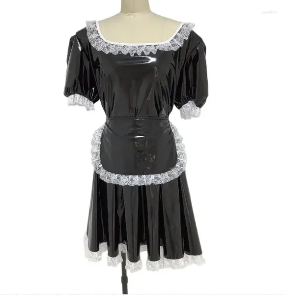 Partykleider Süße süße klassische ausgefallene Schürze Maid Puff Kurzarm glänzendes PVC-Leder Kostüm Outfit Cosplay Sissy Lolita Minikleid