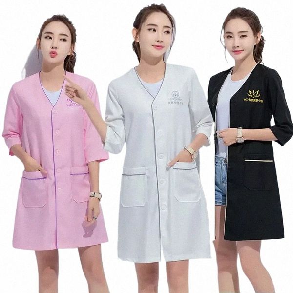 preto curto beleza uniforme dr spa uniforme esfrega uniforme branco plus size Sal aliciamento roupas Lab coat logotipo Esteticista tops R9dd #