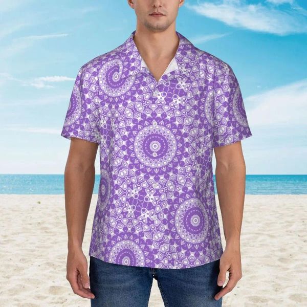 Camisas casuais masculinas lavanda mandala camisa roxa e branca impressão teal floral clássico homem havaiano design de férias blusas de grandes dimensões