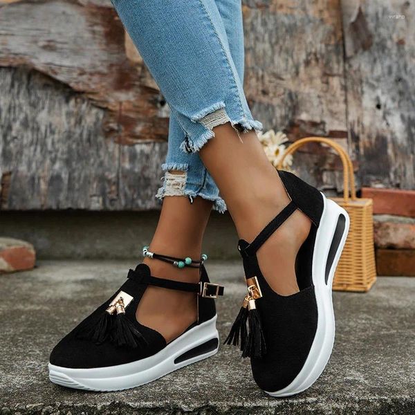 Sapatos casuais tamanho grande tamancos com salto feminino sandália borla 2024 feminino grande grosso conforto meninas franja baixo verão moda bege