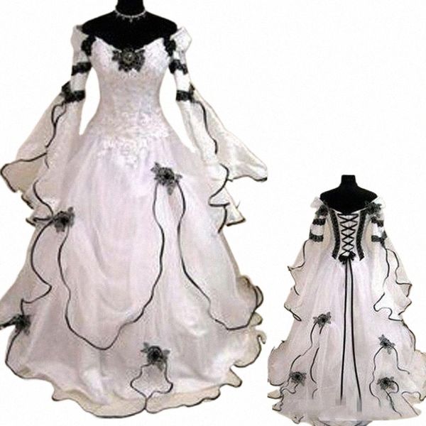 Dr de casamento gótico preto e branco com mangas Lg Flare Lace Applique Corset Vintage Victorian Medieval vestidos de noiva 91oC #